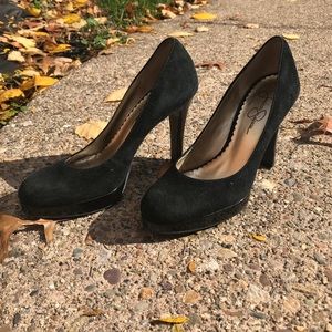 Jessica Simpson suede/patent platform pumps